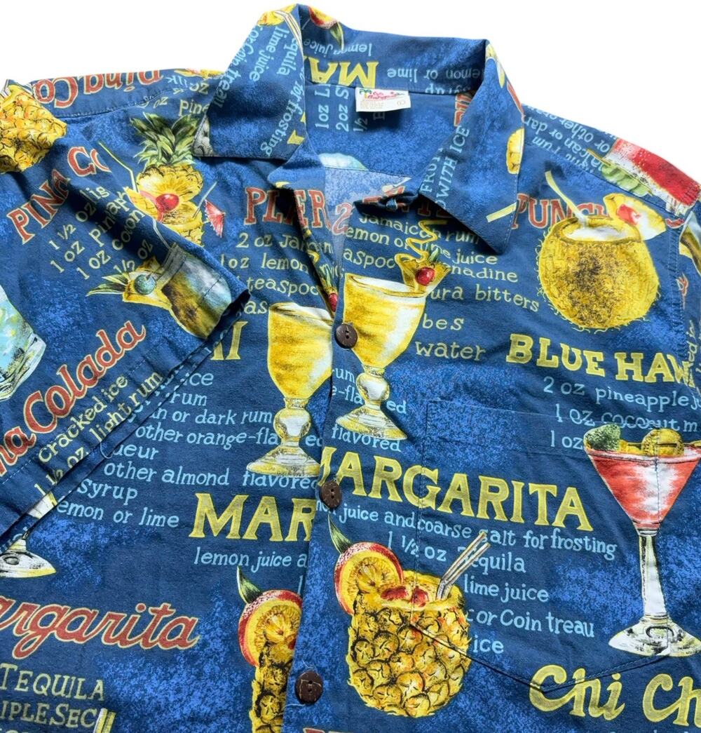 VTG Go Barefoot Hawaiian Shirt Men Large Cocktails Mai Tai Margarita Loop